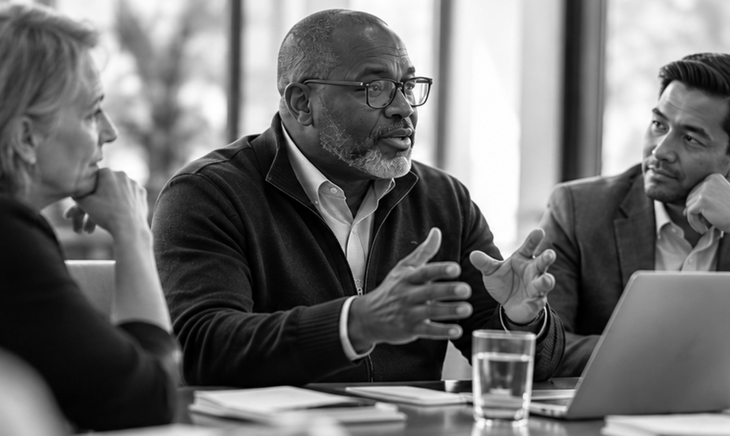 Black-and-white photo of a man in glasses speaking and gesturing at a conference table while two colleagues listen closely.