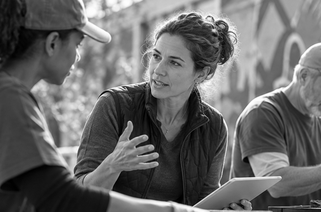 Volunteers at an outdoor produce distribution table, where a woman holding a tablet talks with a colleague about their work.